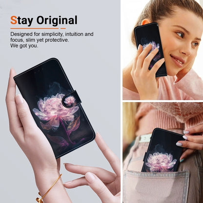 For iPhone 16 Plus Crystal Texture Colored Drawing Leather Phone Case(Purple Peony) - iPhone 16 Plus Cases by buy2fix | Online Shopping UK | buy2fix