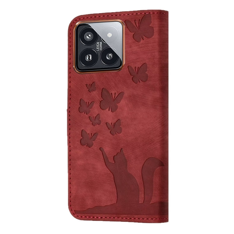 For Xiaomi 14 Butterfly Cat Embossing Flip Leather Phone Case(Red) - 14 Cases by buy2fix | Online Shopping UK | buy2fix