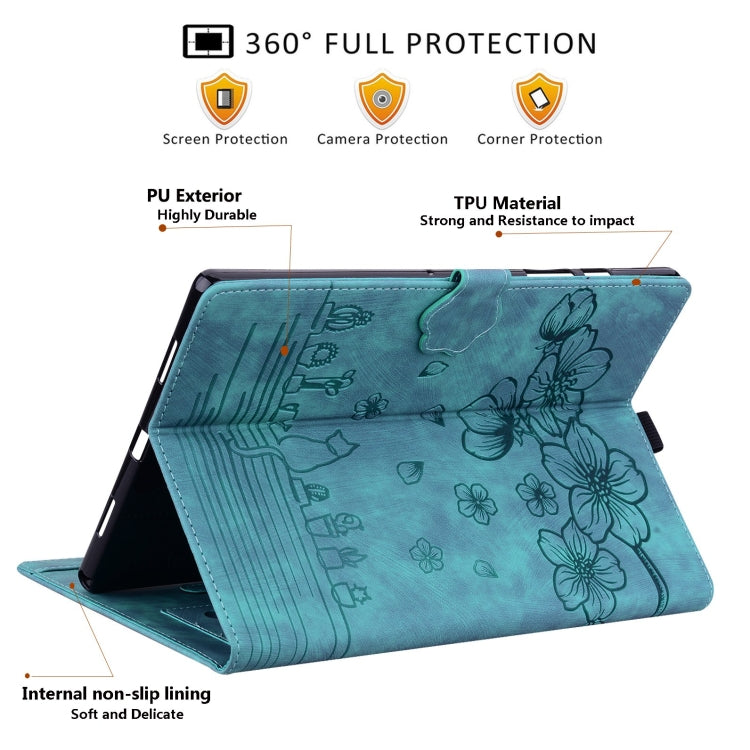 For Samsung Galaxy Tab S9 Ultra /S8 Ultra Cartoon Sakura Cat Embossed Leather Tablet Case(Green) - Galaxy Tab S9 Ultra Cases by buy2fix | Online Shopping UK | buy2fix