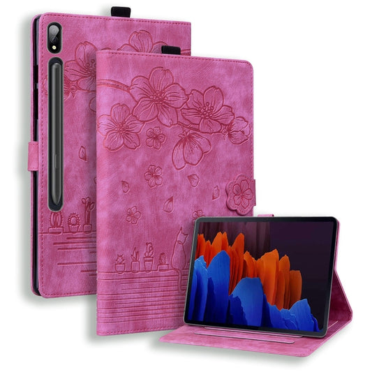 For Samsung Galaxy Tab S9 Ultra /S8 Ultra Cartoon Sakura Cat Embossed Leather Tablet Case(Rose Red) - Galaxy Tab S9 Ultra Cases by buy2fix | Online Shopping UK | buy2fix