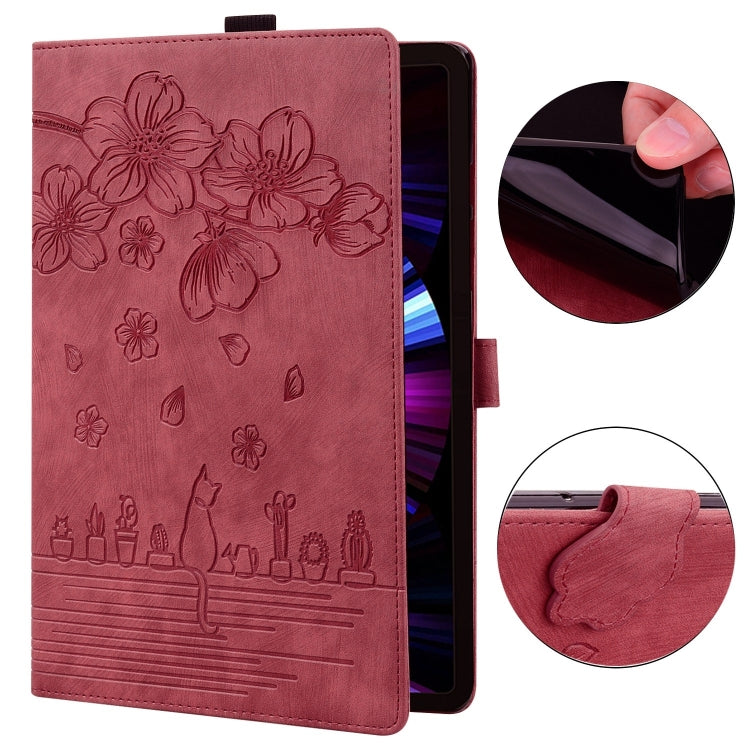 For Samsung Galaxy Tab S9 FE+ Cartoon Sakura Cat Embossed Leather Tablet Case(Red) - Galaxy Tab S9 FE+ by buy2fix | Online Shopping UK | buy2fix