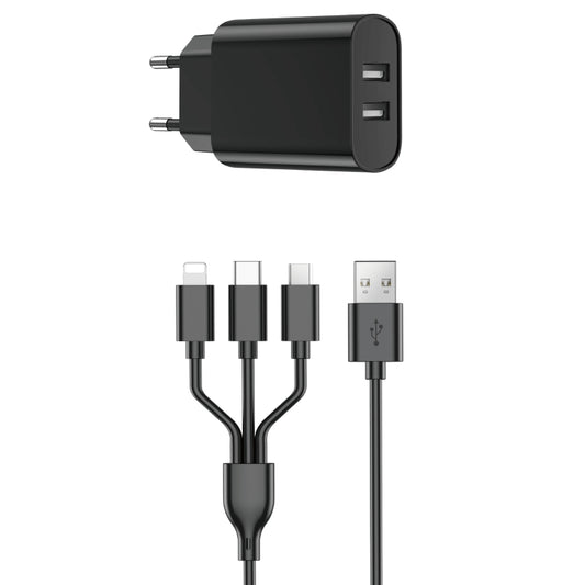 WIWU Wi-U003 Quick Series Dual USB Charger with 3 in 1 USB Charging Data Cable Set, EU Plug(Black) - USB Charger by WIWU | Online Shopping UK | buy2fix