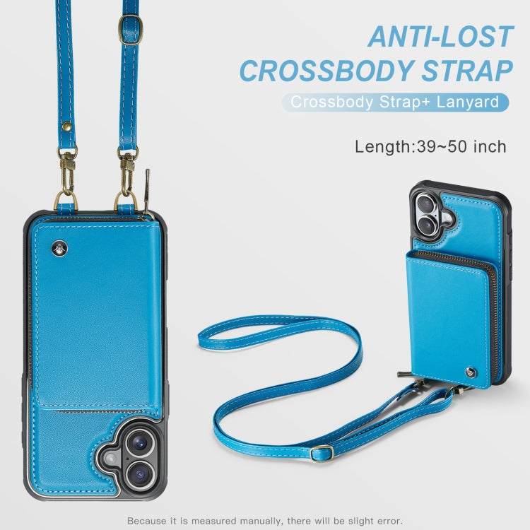 For iPhone 16 JEEHOOD C22 Series Zipper Wallet Leather Phone Case with Dual Lanyard(Blue) - iPhone 16 Cases by JEEHOOD | Online Shopping UK | buy2fix