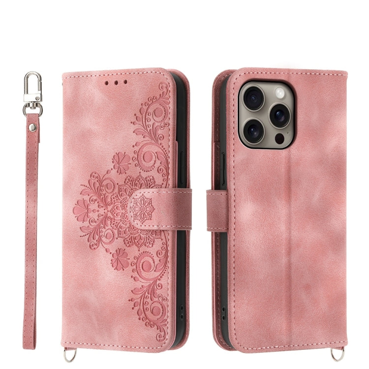 For iPhone 16 Pro Max Skin-feel Flowers Embossed Wallet Leather Phone Case(Pink) - iPhone 16 Pro Max Cases by buy2fix | Online Shopping UK | buy2fix