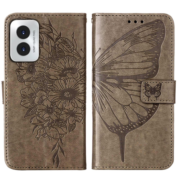 For Motorola Moto G Play 4G 2024 Embossed Butterfly Leather Phone Case(Grey) - Motorola Cases by buy2fix | Online Shopping UK | buy2fix