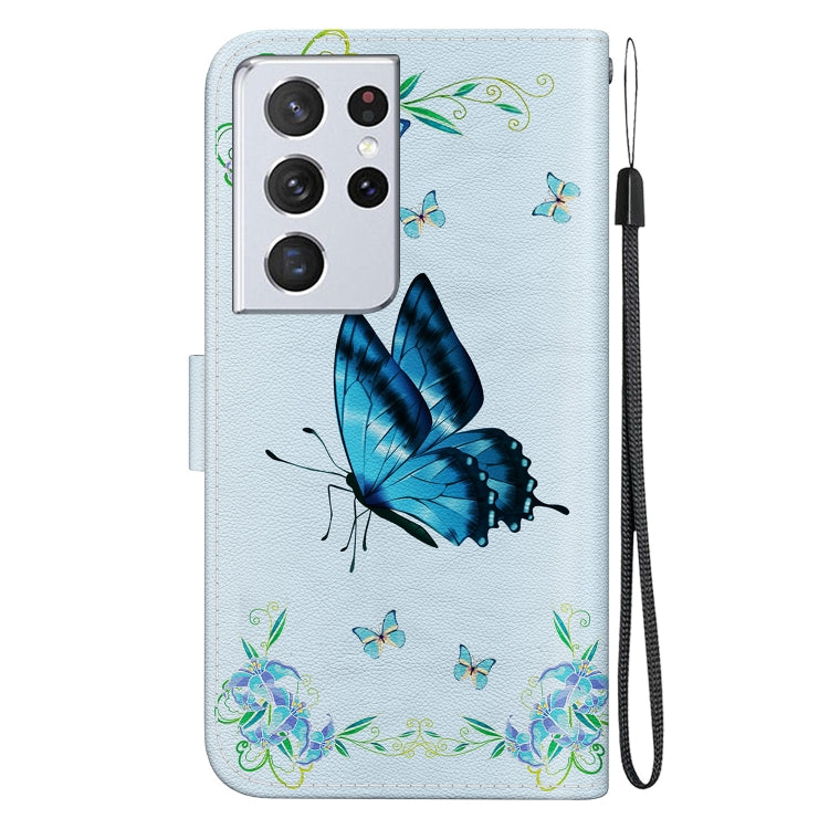 For Samsung Galaxy S21 Ultra 5G Crystal Texture Colored Drawing Leather Phone Case(Blue Pansies) - Galaxy S21 Ultra 5G Cases by buy2fix | Online Shopping UK | buy2fix