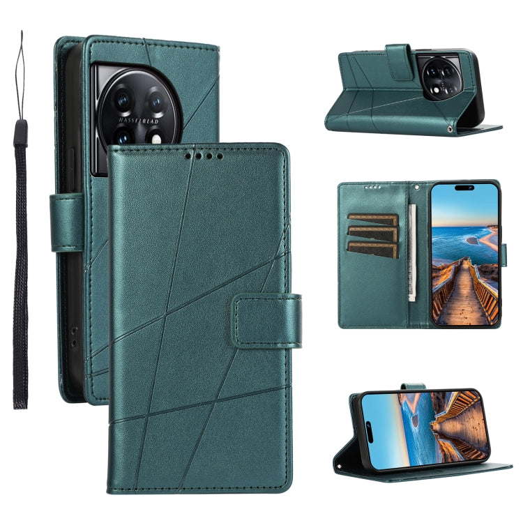 For OnePlus 11 PU Genuine Leather Texture Embossed Line Phone Case(Green) - OnePlus Cases by buy2fix | Online Shopping UK | buy2fix