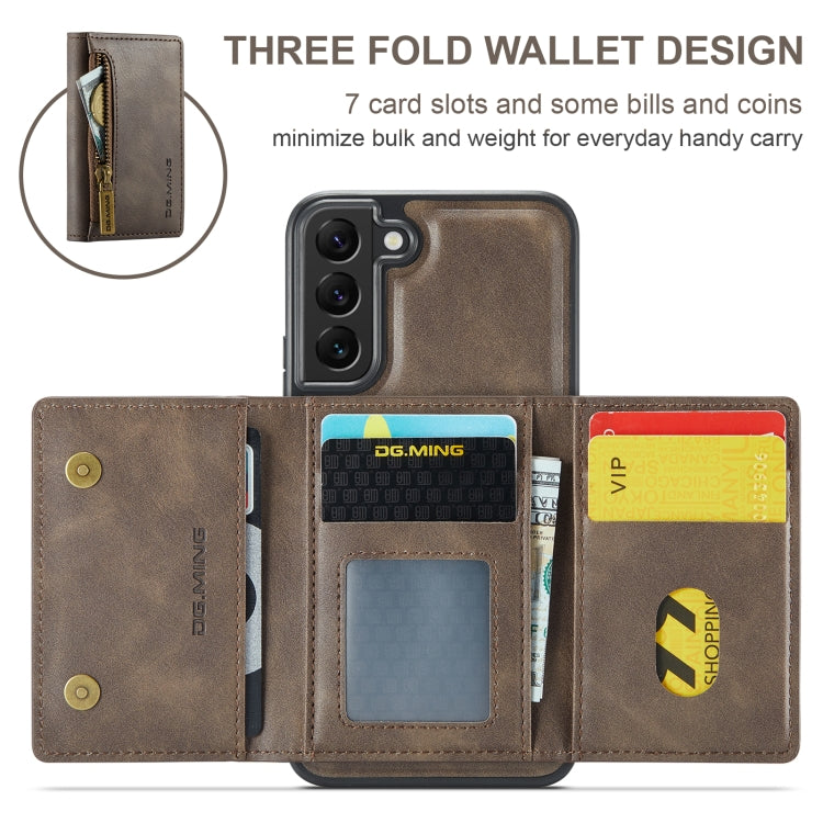 For Samsung Galaxy S22 DG.MING M5 Series Zip RFID Multi Card Detachable Leather Phone Case(Coffee) - Galaxy S22 5G Cases by DG.MING | Online Shopping UK | buy2fix