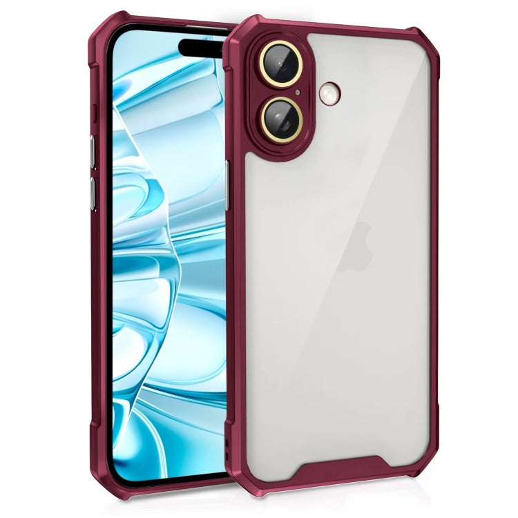 For iPhone 16 Shockproof Acrylic Phone Case with Lens Glass Film(Wine Red) - iPhone 16 Cases by buy2fix | Online Shopping UK | buy2fix