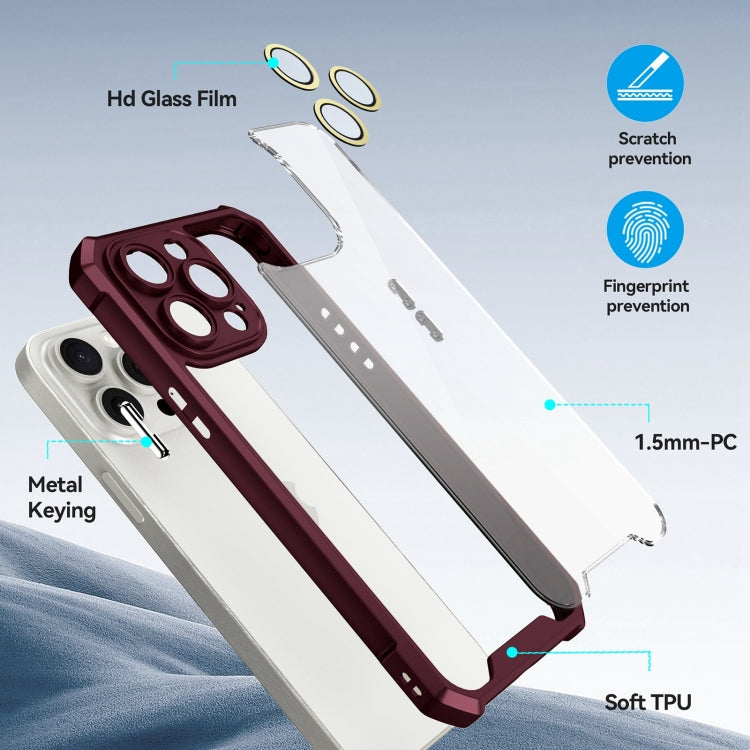 For iPhone 16 Shockproof Acrylic Phone Case with Lens Glass Film(Wine Red) - iPhone 16 Cases by buy2fix | Online Shopping UK | buy2fix