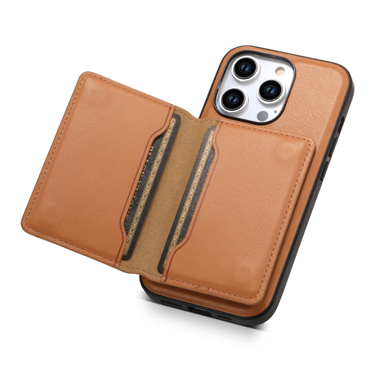 For iPhone 14 Pro Denior Cowhide Texture Leather MagSafe Detachable Wallet Phone Case(Khaki) - iPhone 14 Pro Cases by Denior | Online Shopping UK | buy2fix