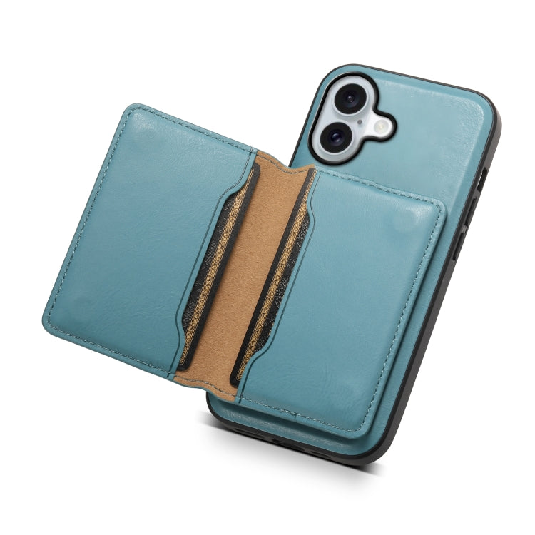 For iPhone 16 Denior Cowhide Texture Leather MagSafe Detachable Wallet Phone Case(Blue) - iPhone 16 Cases by Denior | Online Shopping UK | buy2fix