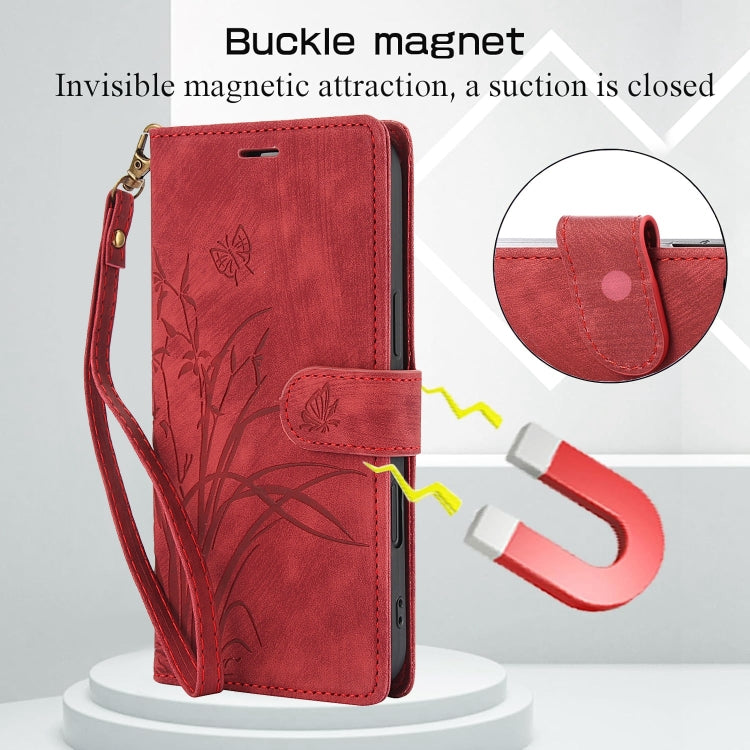 For iPhone 16 Orchid Butterfly Embossed Leather Phone Case(Red) - iPhone 16 Cases by buy2fix | Online Shopping UK | buy2fix