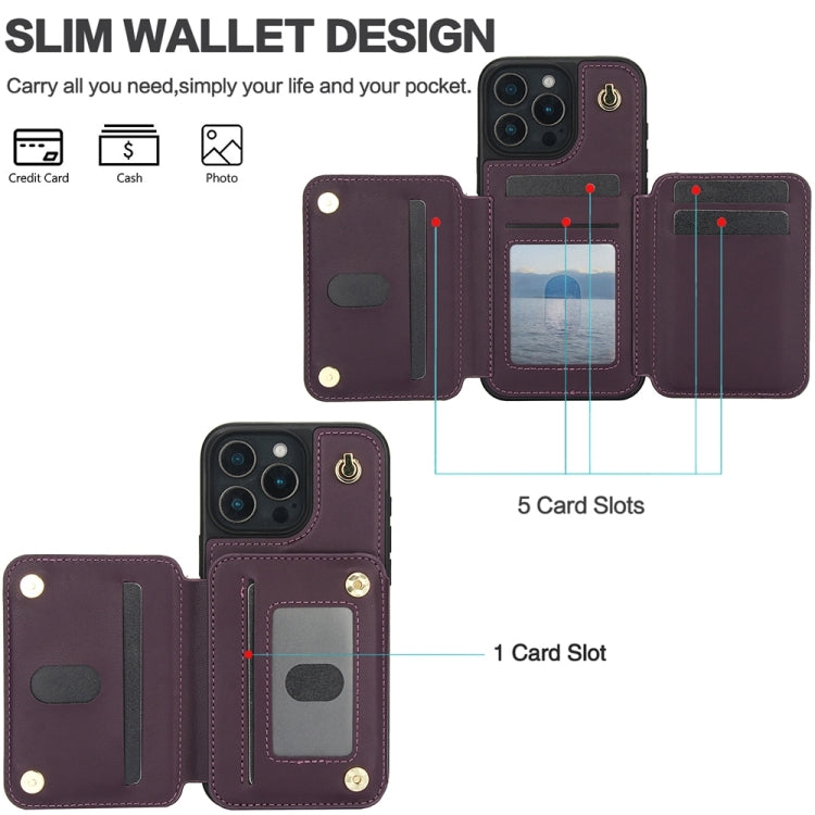 For iPhone 16 Pro Max YM006 Skin Feel Zipper Card Bag Phone Case with Dual Lanyard(Dark Purple) - iPhone 16 Pro Max Cases by buy2fix | Online Shopping UK | buy2fix