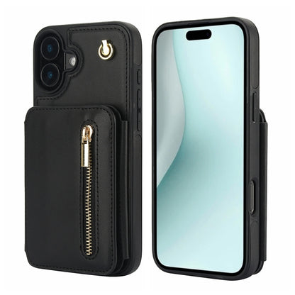 For iPhone 16 YM006 Skin Feel Zipper Card Bag Phone Case with Dual Lanyard(Black) - iPhone 16 Cases by buy2fix | Online Shopping UK | buy2fix