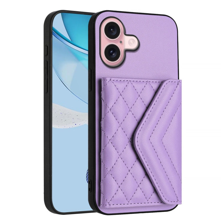 For iPhone 16 Rhombic Texture Card Bag RFID Phone Case with Long Lanyard(Light Purple) - iPhone 16 Cases by buy2fix | Online Shopping UK | buy2fix