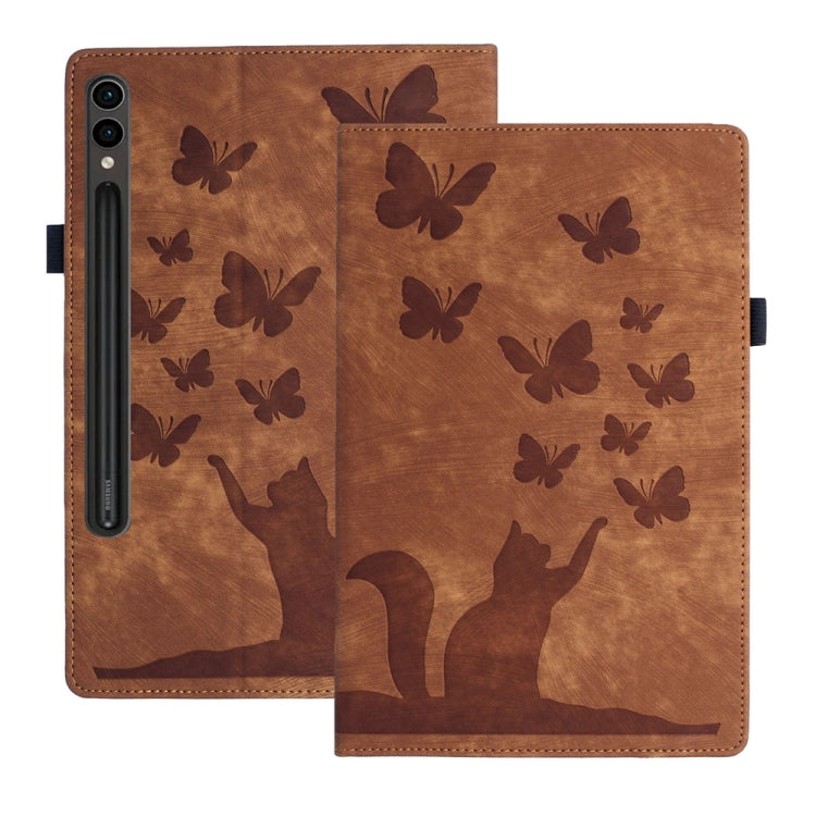 For Samsung Galaxy Tab S9 FE+ / S9+ / S8+ Butterfly Cat Embossing Leather Tablet Case(Brown) - Galaxy Tab S9+ Cases by buy2fix | Online Shopping UK | buy2fix