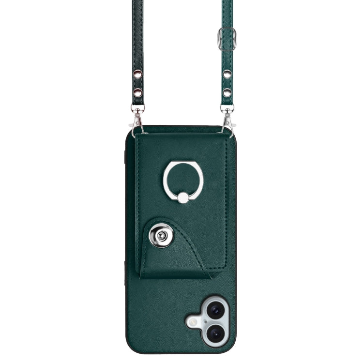 For iPhone 16 Plus Organ Card Bag Ring Holder Phone Case with Long Lanyard(Green) - iPhone 16 Plus Cases by buy2fix | Online Shopping UK | buy2fix