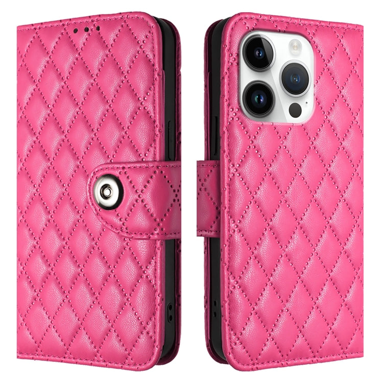 For iPhone 16 Pro Rhombic Texture Flip Leather Phone Case with Lanyard(Rose Red) - iPhone 16 Pro Cases by buy2fix | Online Shopping UK | buy2fix