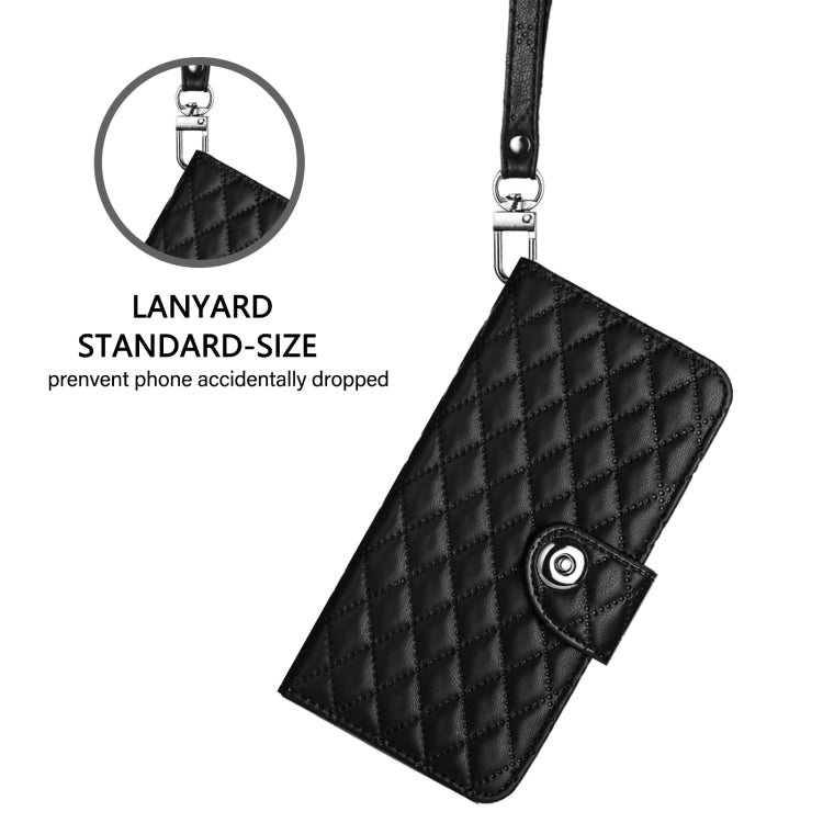 For iPhone 16 Plus Rhombic Texture Flip Leather Phone Case with Lanyard(Black) - iPhone 16 Plus Cases by buy2fix | Online Shopping UK | buy2fix