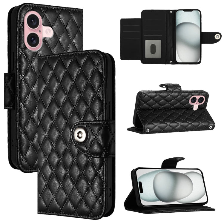 For iPhone 16 Rhombic Texture Flip Leather Phone Case with Lanyard(Black) - iPhone 16 Cases by buy2fix | Online Shopping UK | buy2fix