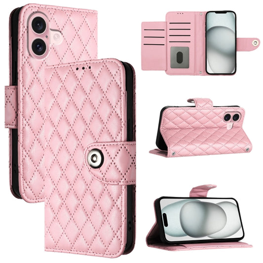 For iPhone 16 Rhombic Texture Flip Leather Phone Case with Lanyard(Pink) - iPhone 16 Cases by buy2fix | Online Shopping UK | buy2fix