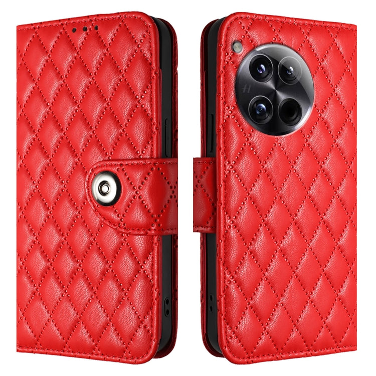 For OnePlus 12 5G Global Rhombic Texture Flip Leather Phone Case with Lanyard(Red) - OnePlus Cases by buy2fix | Online Shopping UK | buy2fix