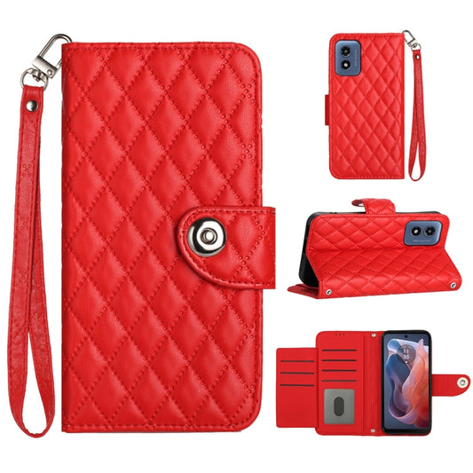 For Motorola Moto G Play 4G 2024 Rhombic Texture Flip Leather Phone Case with Lanyard(Red) - Motorola Cases by buy2fix | Online Shopping UK | buy2fix