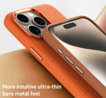 For iPhone 12 Pro Metal Lens Frame Leather Magsafe Full Coverage Shockproof Phone Case(Brown) - iPhone 12 / 12 Pro Cases by buy2fix | Online Shopping UK | buy2fix