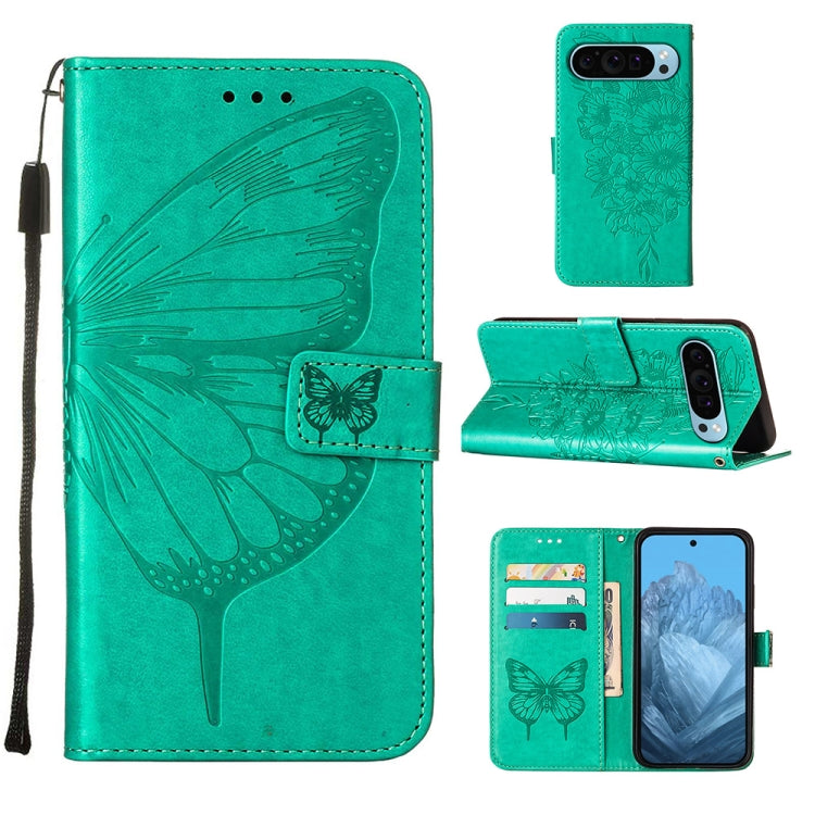 For Google Pixel 9 Embossed Butterfly Leather Phone Case(Green) - Google Cases by buy2fix | Online Shopping UK | buy2fix