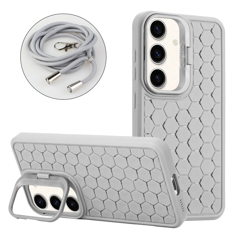 For Samsung Galaxy S24 5G Honeycomb Radiating Lens Holder Magsafe Phone Case with Lanyard(Grey) - Galaxy S24 5G Cases by buy2fix | Online Shopping UK | buy2fix