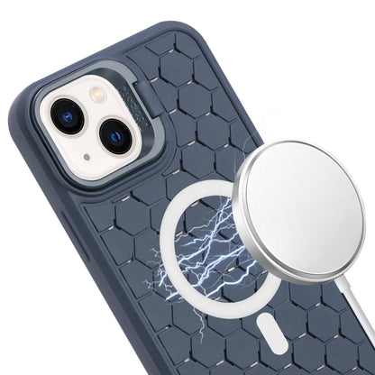 For iPhone 15 Honeycomb Radiating Lens Holder Magsafe Phone Case with Lanyard(Blue) - iPhone 15 Cases by buy2fix | Online Shopping UK | buy2fix