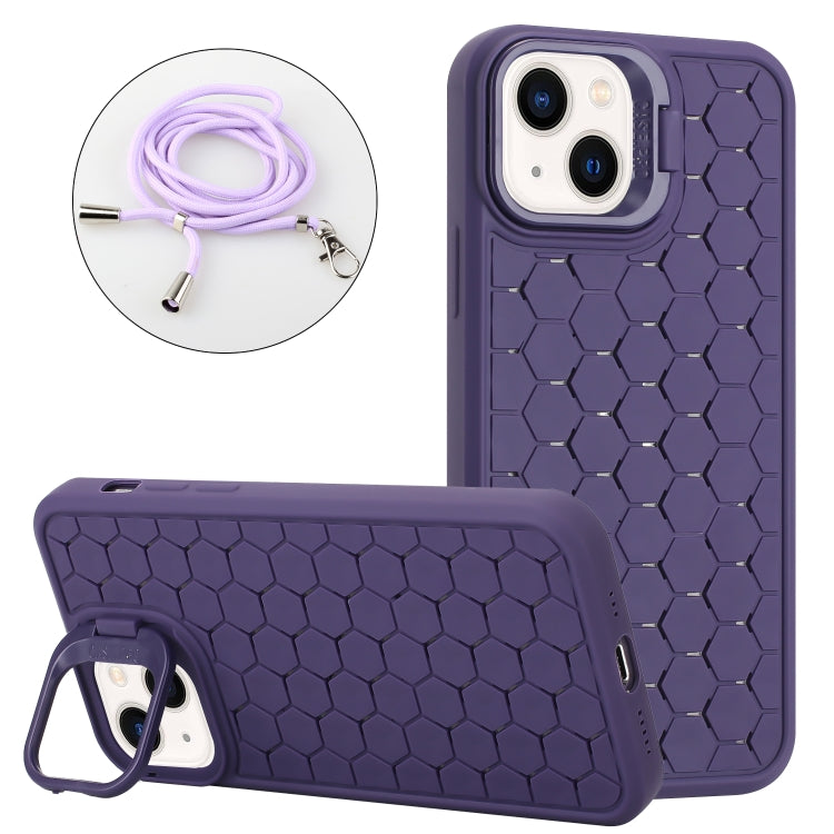 For iPhone 14 Honeycomb Radiating Lens Holder Magsafe Phone Case with Lanyard(Purple) - iPhone 14 Cases by buy2fix | Online Shopping UK | buy2fix