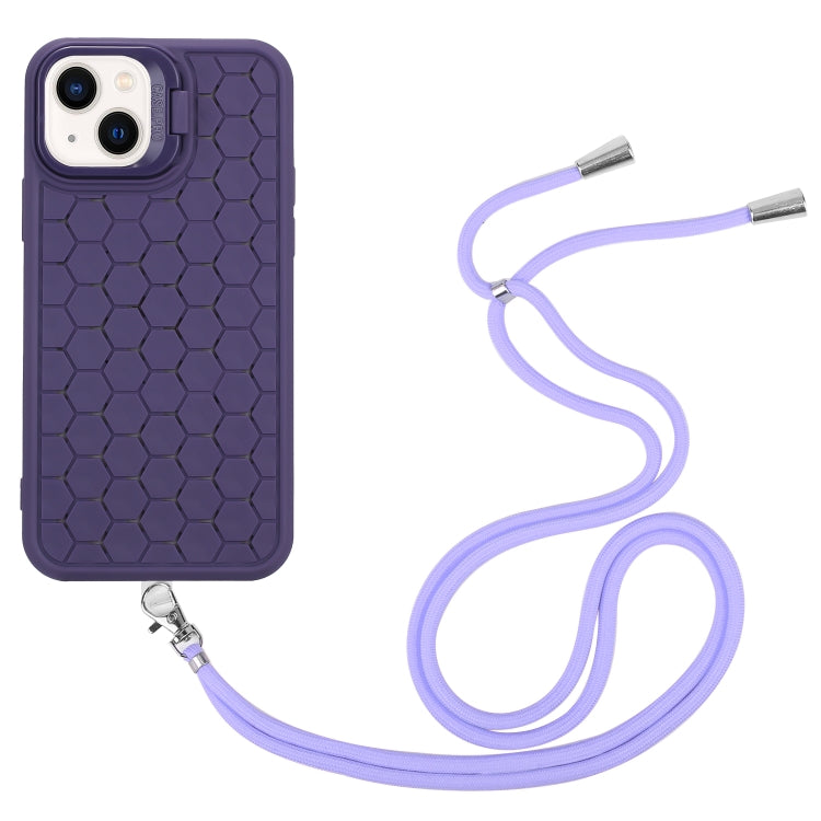 For iPhone 14 Honeycomb Radiating Lens Holder Magsafe Phone Case with Lanyard(Purple) - iPhone 14 Cases by buy2fix | Online Shopping UK | buy2fix