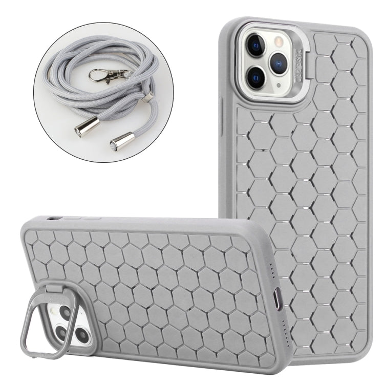 For iPhone 16 Pro Honeycomb Radiating Lens Holder Magsafe Phone Case with Lanyard(Grey) - iPhone 16 Pro Cases by buy2fix | Online Shopping UK | buy2fix