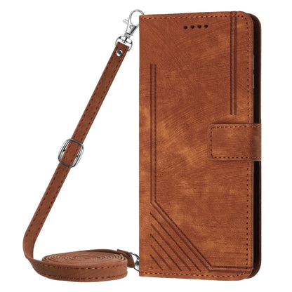 For OnePlus 12 Skin Feel Stripe Pattern Leather Phone Case with Lanyard(Brown) - OnePlus Cases by buy2fix | Online Shopping UK | buy2fix