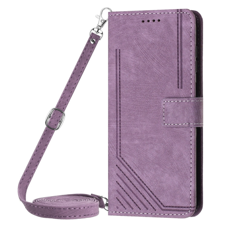 For OnePlus 13 Skin Feel Stripe Pattern Leather Phone Case with Lanyard(Purple) - OnePlus Cases by buy2fix | Online Shopping UK | buy2fix