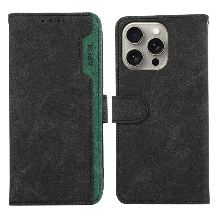 For iPhone 16 Pro ABEEL Color Block Magnetic RFID Leather Phone Case(Black-Green) - iPhone 16 Pro Cases by buy2fix | Online Shopping UK | buy2fix