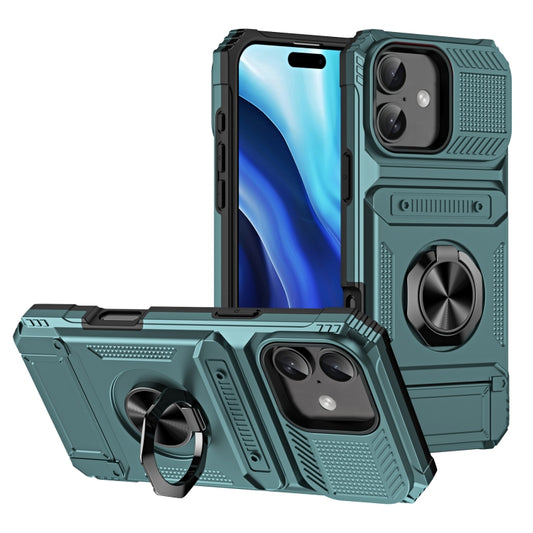 For iPhone 16 Plus TPU+PC Shockproof Card Phone Case with Metal Ring Holder(Green) - iPhone 16 Plus Cases by buy2fix | Online Shopping UK | buy2fix