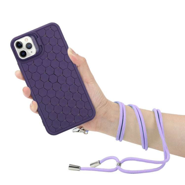 For iPhone 16 Pro Honeycomb Radiating Holder TPU Phone Case with Lanyard(Purple) - iPhone 16 Pro Cases by buy2fix | Online Shopping UK | buy2fix