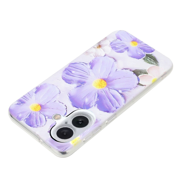 For iPhone 16 Plus Colorful Painting Pattern TPU Phone Case(Purple Flowers) - iPhone 16 Plus Cases by buy2fix | Online Shopping UK | buy2fix