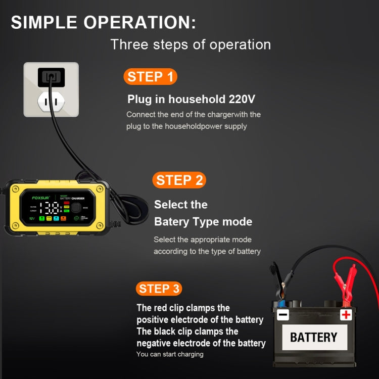 FOXSUR 7A 12V Car / Motorcycle Smart Battery Charger, Plug Type:US Plug(Yellow) - Battery Charger by FOXSUR | Online Shopping UK | buy2fix