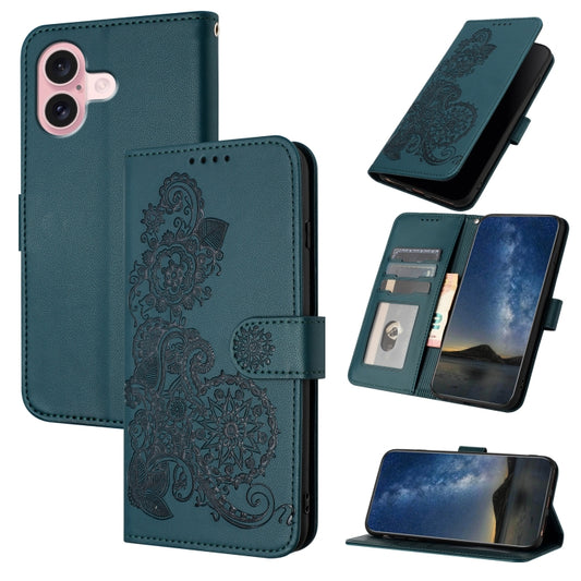 For iPhone 16 Datura Flower Embossed Flip Leather Phone Case(Dark Green) - iPhone 16 Cases by buy2fix | Online Shopping UK | buy2fix