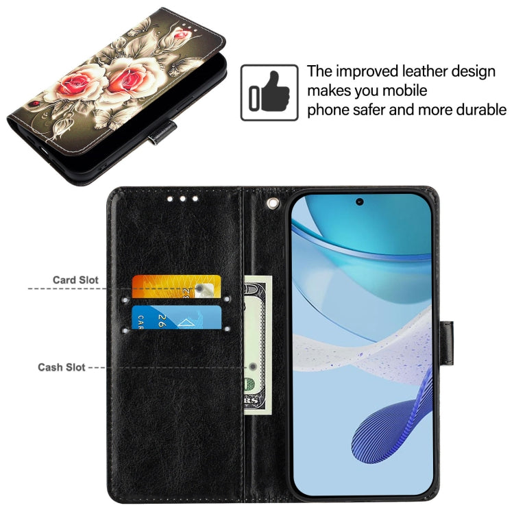 For OnePlus 12 5G Global Colored Drawing Pattern Plain Weave Leather Phone Case(Roses On Black) - OnePlus Cases by buy2fix | Online Shopping UK | buy2fix