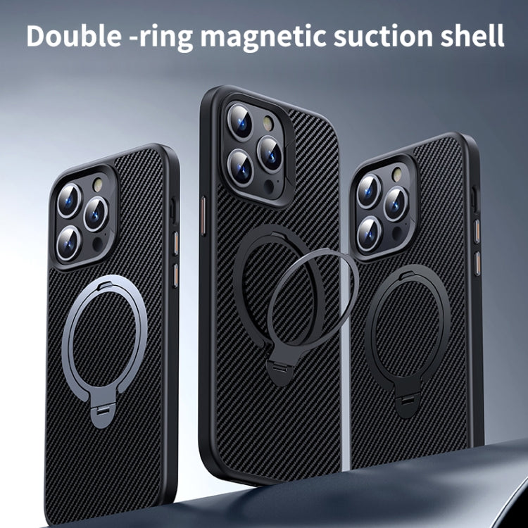 For iPhone 15 Pro Max Double Ring MagSafe Holder Carbon Fiber Phone Case(Silver) - iPhone 15 Pro Max Cases by buy2fix | Online Shopping UK | buy2fix