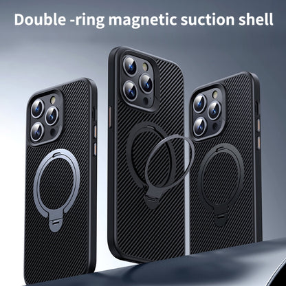 For iPhone 13 Pro Double Ring MagSafe Holder Carbon Fibre Phone Case(Black) - iPhone 13 Pro Cases by buy2fix | Online Shopping UK | buy2fix