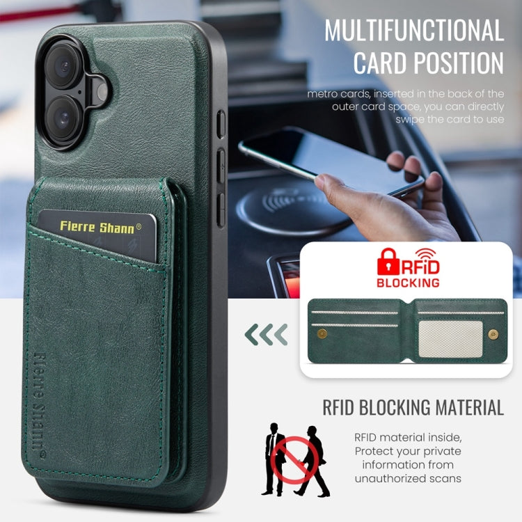 For iPhone 16 Plus Fierre Shann Oil Wax Cow Leather Magnetic Card Holder Phone Case(Green) - iPhone 16 Plus Cases by FIERRE SHANN | Online Shopping UK | buy2fix