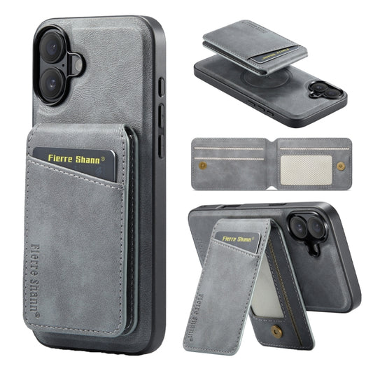 For iPhone 16 Fierre Shann Cowhide Vertical Flip Magnetic Card Holder Phone Case(Grey) - iPhone 16 Cases by FIERRE SHANN | Online Shopping UK | buy2fix