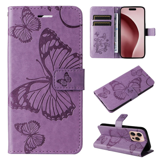 For iPhone 16 Pro 3D Butterfly Embossed Pattern Flip Leather Phone Case(Purple) - iPhone 16 Pro Cases by buy2fix | Online Shopping UK | buy2fix