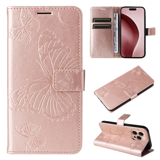 For iPhone 16 Pro 3D Butterfly Embossed Pattern Flip Leather Phone Case(Rose Gold) - iPhone 16 Pro Cases by buy2fix | Online Shopping UK | buy2fix